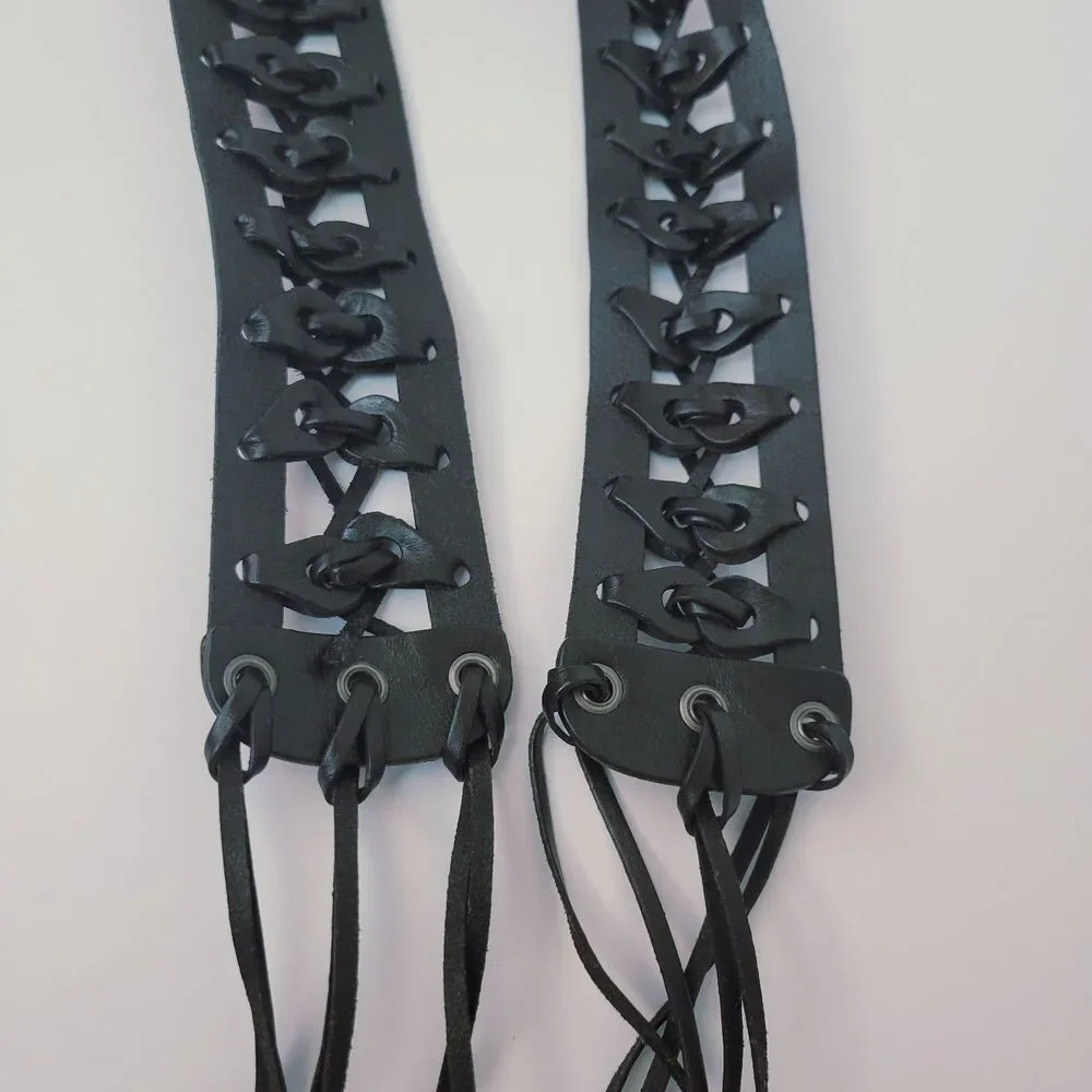 Black Leather Fringe Belt Wide Lace Up Boho Western Festival Adjustable Tie